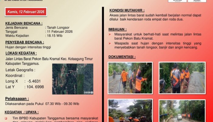 Akses Jalinsum Tanggamus Sempat Lumpuh, Dua Jam Bersih Total: BPBD Gerak Cepat Tangani Longsor di Batu Kramat