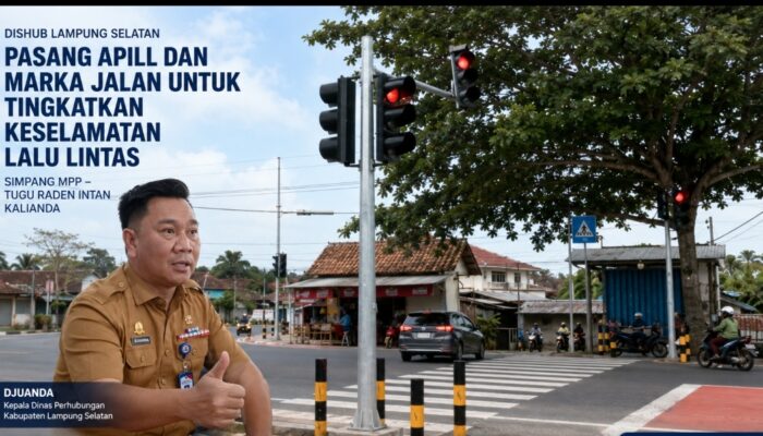 Dishub Lampung Selatan Tingkatkan Keselamatan Jalan Melalui Pemasangan APILL dan Marka Jalan di Simpang MPP – Tugu Raden Intan