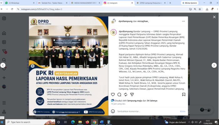 DPRD Lampung Terima LHP BPK, Provinsi Lampung Kembali Raih Opini WTP